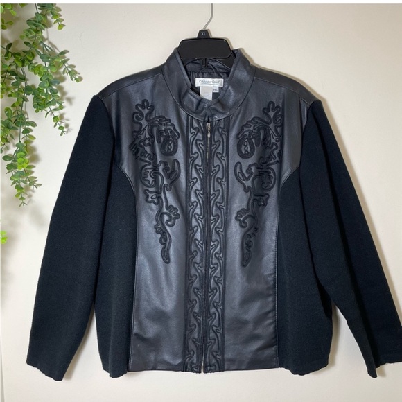 🖤😎Coldwater Creek | Black Leather Embroidered Sweater Jacket Size Petite XL - Picture 9 of 9